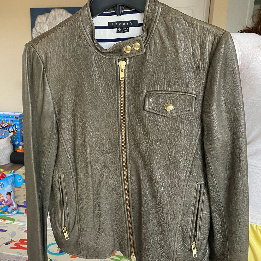 Theory olive colored leather jacket S